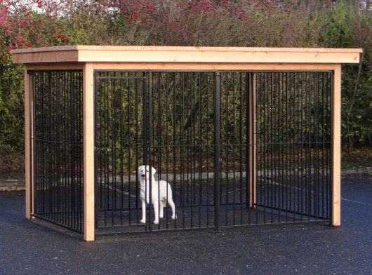 Hondenkennel FLINQ zwart met luxe dak en Douglas houtkader 351x240cm
