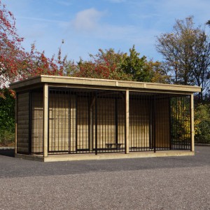 Hondenkennel FERM zwart met houtkader, houten vloer, geïsoleerd nachthok en Luxe daksysteem 566x240x234cm