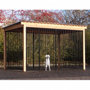 Hondenkennel FLINQ zwart met dak en Douglas houtkader 318x218cm