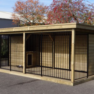 Hondenkennel FERM zwart met houtkader, houten vloer, geïsoleerd nachthok en Luxe daksysteem 566x240x234cm