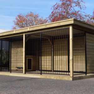 Hondenkennel FERM zwart met houtkader, houten vloer, geïsoleerd nachthok en Luxe daksysteem 566x240x234cm