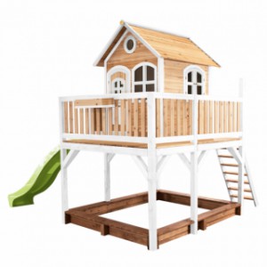 Speelhuis Liam Bruin-wit | met glijbaan | groot houten speelhuis voor in de tuin