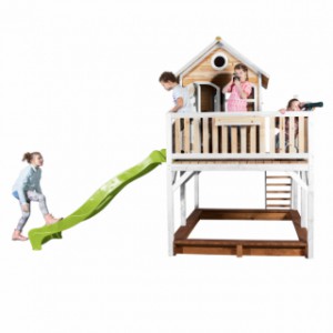 Speelhuis Liam Bruin-wit | met glijbaan | groot houten speelhuis voor in de tuin