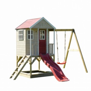 Houten speelhuis Nordic Adventure House op een speelplateau van 90cm hoog