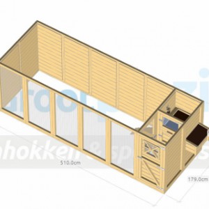 Voliere / kippenhok Flex 6.2 met inloop-sluis, 3 hokken, legnest en dakpannen dak