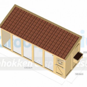 Voliere / kippenhok Flex 6.2 met inloop-sluis, 3 hokken, legnest en dakpannen dak