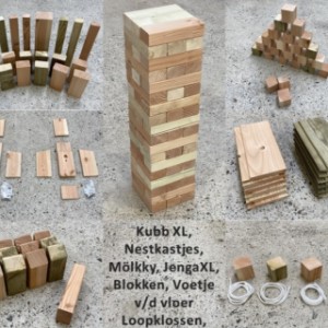 Houten spellen en nestkastjes. Jenga, Kubb, Mölkky, Blokken, Loopklossen, Nestkastjes Gemaakt van resthout