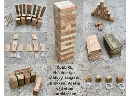 Houten spellen en nestkastjes. Jenga, Kubb, Mölkky, Blokken, Loopklossen, Nestkastjes Gemaakt van resthout