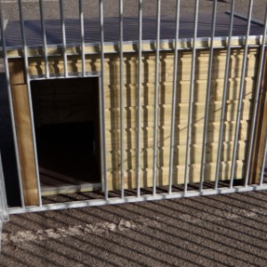 De hondenkennel is voorzien van een opening in het spijlenpaneel