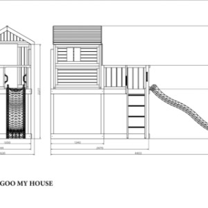 Een schets met afmetingen van het speeltoestel Fungoo My House