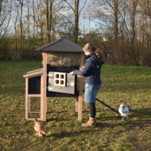 Het kippenhok Rosanne heeft een ruime deur, om het hok makkelijk schoon te kunnen maken