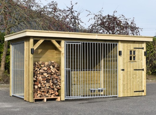 Hondenkennel Modul COMBI met haardhoutvak en opbergvak 462x240x209cm