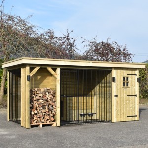 Hondenkennel Modul COMBI met opberghok en haardhoutvak 462x241x209cm