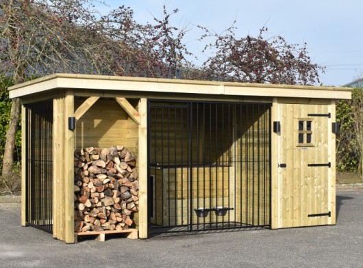 Hondenkennel Modul COMBI met opberghok en haardhoutvak 462x241x209cm