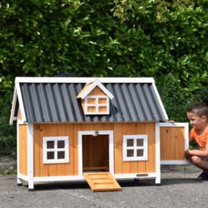 Het houten hok Cozy wordt geleverd in de afgebeelde kleuren