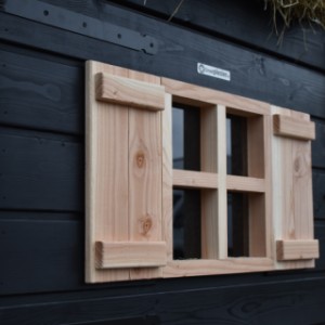 De deur naar het nachthok van kippenhok hooiberg Sjors is voorzien van een raampje