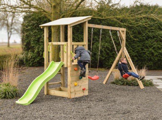 Speeltoren Plan 90+ met glijbaan & schommel · 168x439x226cm