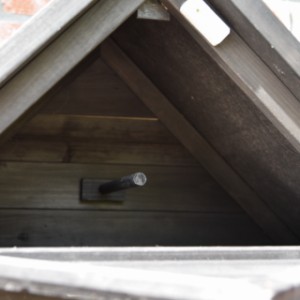 In de nok van wand volière Matty large zit een nachthok met zitstok