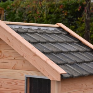 Door de dakpannen op het dak krijgt hondenhok Turbo een klassieke uitstraling