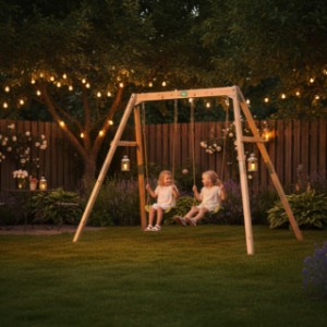 EXIT Silvi dubbele houten schommel komt prachtig tot zijn recht met sfeervolle verlichting in de tuin.