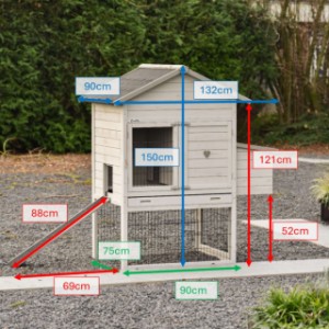 Afmetingen kippenhok Prestige Medium Light-grey met legnest 132x90x150cm