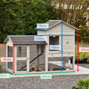 Afmetingen van konijnenhok Prestige Medium Light-grey met ren links 200x90x150cm