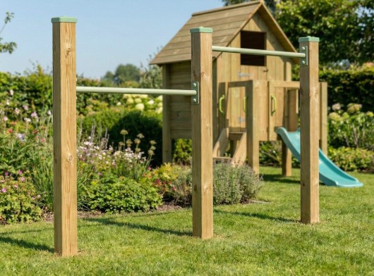 Duikelrek dubbel pastelgroen 2 duikelstangen 90cm 3 geïmpregneerd houten palen 200cm met afdekkapjes