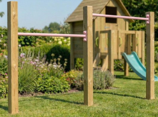 Duikelrek dubbel Pastelroze 2 duikelstangen 125cm 3 geïmpregneerd houten palen 200cm