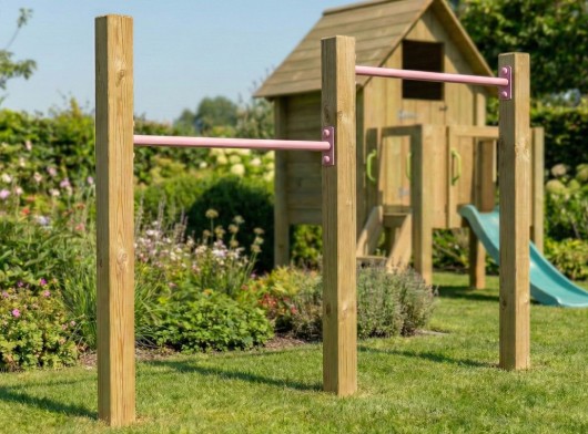 Dubbel duikelrek Pastelroze 2 duikelstangen 90cm 3 geïmpregneerd houten palen 200cm