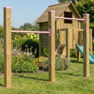 Duikelrek dubbel Pastelroze 2 duikelstangen 90cm 3 geïmpregneerd houten palen 200cm met kapjes