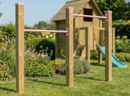 Duikelrek dubbel Pastelroze 2 duikelstangen 90cm 3 geïmpregneerd houten palen 200cm met kapjes