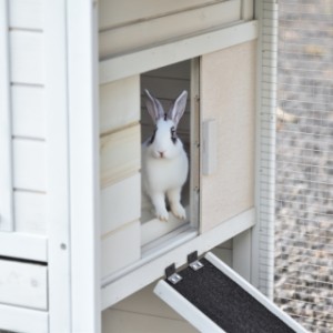 Het deurtje van het nachthok kan naar links en naar rechts geschoven worden