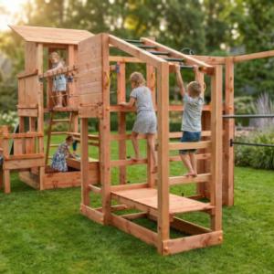 Speeltoestel Prairie + glijbanen, speelbrug & keuken Blue Rabbit · Douglashout op maat gezaagd hout