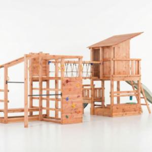 Speeltoestel Prairie + glijbanen, speelbrug & keuken Blue Rabbit · Douglashout op maat gezaagd hout