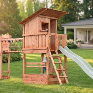 Speeltoestel Prairie + glijbanen, speelbrug & keuken Blue Rabbit · Douglashout op maat gezaagd hout