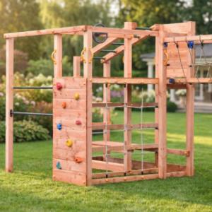 Speeltoestel Prairie + glijbanen, speelbrug & keuken Blue Rabbit · Douglashout op maat gezaagd hout