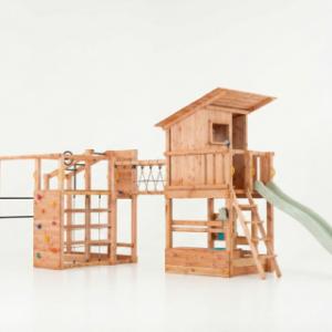 Speeltoestel Prairie + glijbanen, speelbrug & keuken Blue Rabbit · Douglashout op maat gezaagd hout