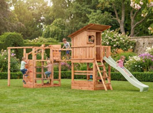 Speeltoestel Prairie + glijbanen, speelbrug & keuken Blue Rabbit · Douglashout op maat gezaagd hout