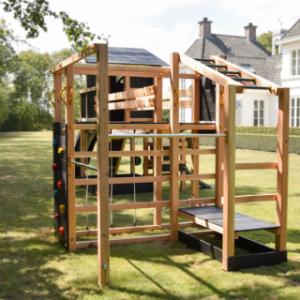 Speeltoestel Prairie + glijbanen & speelbrug Blue Rabbit · Douglas/zwart op maat gezaagd hout