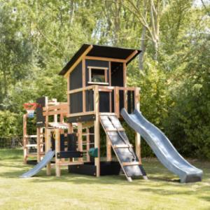 Speeltoestel Prairie + glijbanen & speelbrug Blue Rabbit · Douglas/zwart op maat gezaagd hout