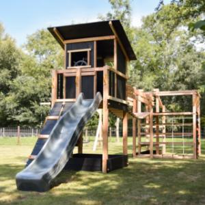 Speeltoestel Prairie + glijbanen & speelbrug Blue Rabbit · Douglas/zwart op maat gezaagd hout