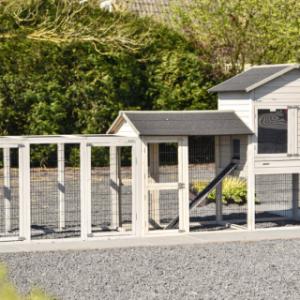 Prestige large met 2 aanbouwrennen en legnest is op verschillende manieren op te stellen