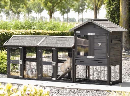 Konijnenhok Prestige Small Black met 2 rennen 238x72x122cm