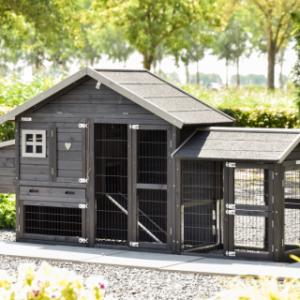 Het kippenhok Holiday Small Black is uitgebreid met een ren Space Small en een legnest