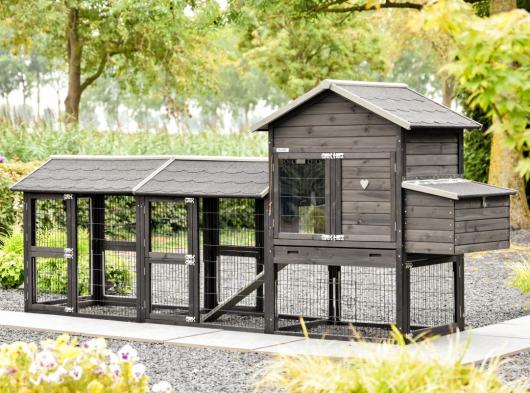 Kippenhok Prestige Medium Black met 2 rennen en legnest · 326x91x150cm