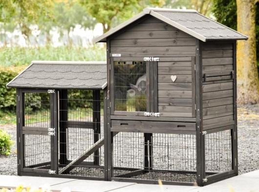 Konijnenhok Prestige Medium Black met ren links · anti-knaag 200x90x150cm