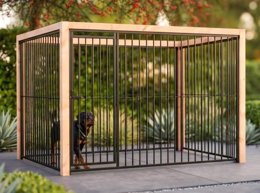 Hondenkennel FLINQ zwart met Douglas houtkader 318x218x192cm