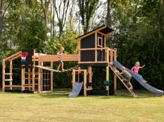 Speeltoestel Prairie + glijbanen & speelbrug Blue Rabbit · Douglas/zwart op maat gezaagd hout