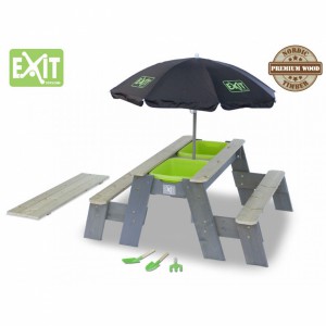 EXIT Aksent Zand-, Water- en Picknicktafel met Parasol en kinder tuingereedschap