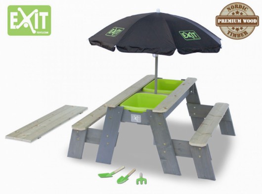EXIT Aksent Zand-, Water- en Picknicktafel met Parasol en kinder tuingereedschap